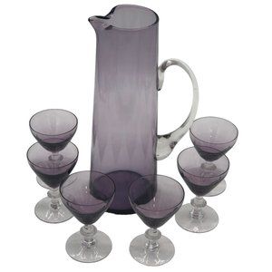 Vintage Purple Glass Carafe and Six Footed Glasses
